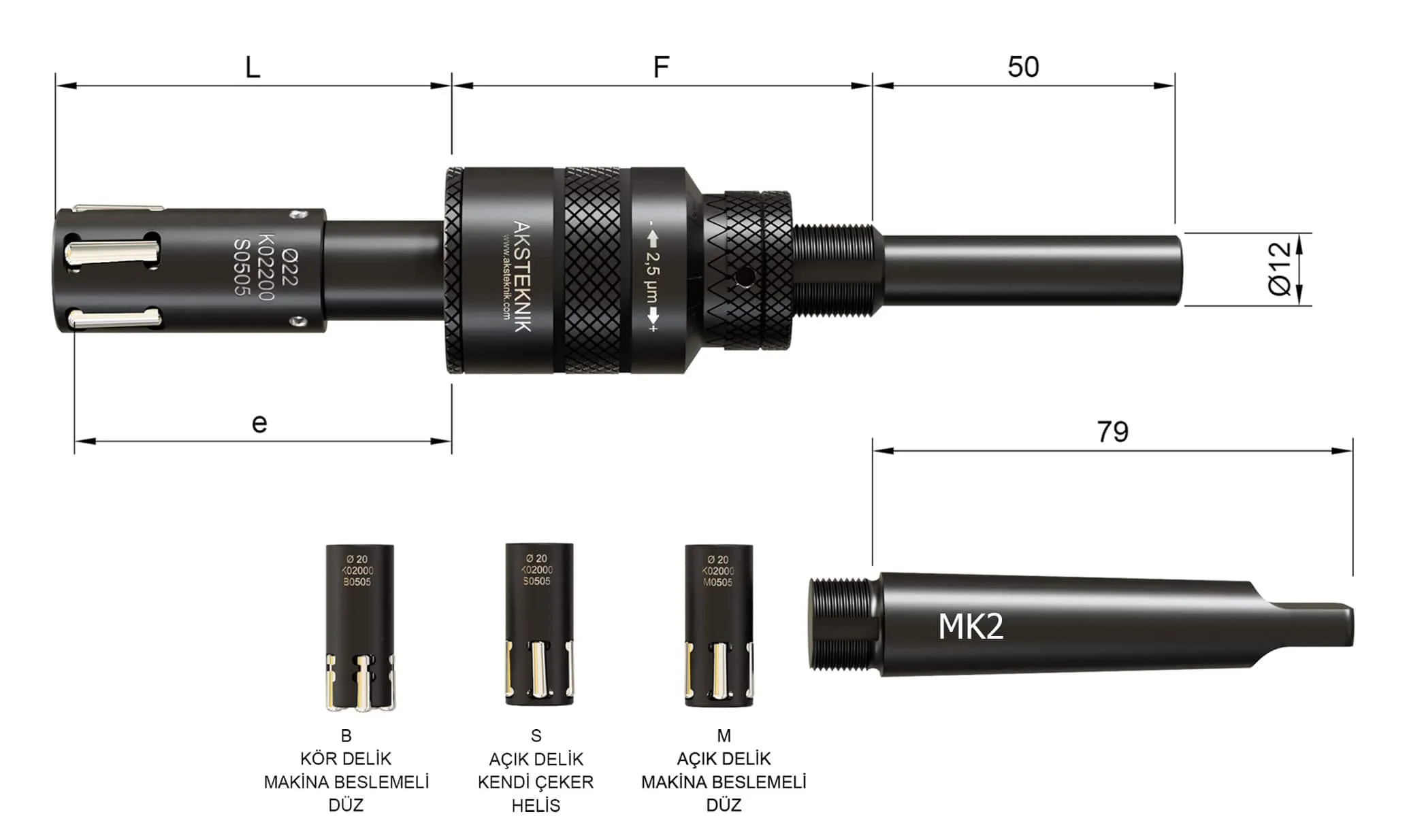 Dimension drawing — internal burnishing tool Ø 9–18.5 mm, showing working length, overall length and shank dimensions