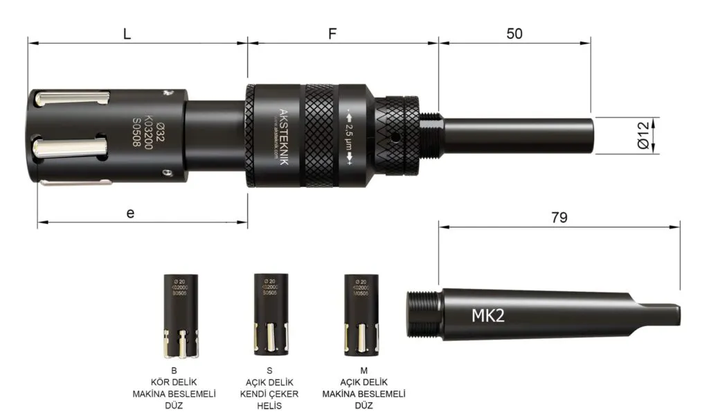 Dimension drawing — internal burnishing tool Ø 25–35 mm