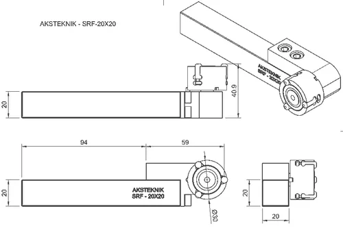 SRF-20X20 dimension drawing — 94 mm total length, 20×20 mm shank, Ø 30 mm cage, 41 mm width