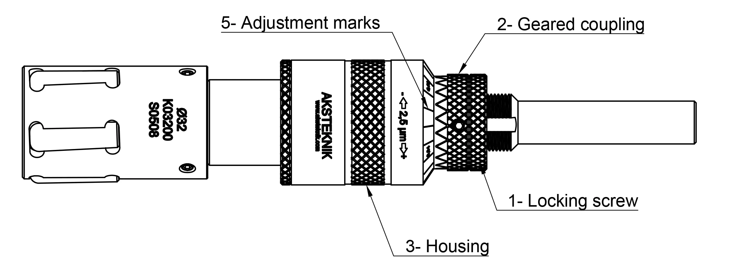 Roller burnishing tool adjustment diagram — locking screw, geared coupling, housing rotation, graduation marks