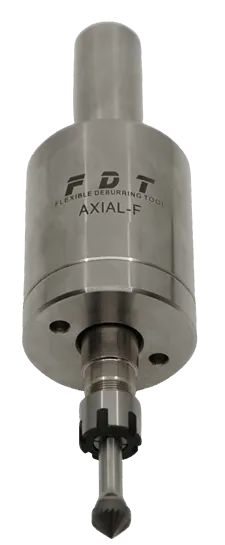 FDT AXIAL (F) axial deburring tool — product photo showing 20 mm shank, body and ER-11 collet with carbide cutter
