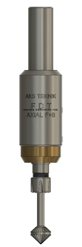 FDT AXIAL (F+B) push-pull axial deburring tool — 3D render showing combined push and pull mechanism