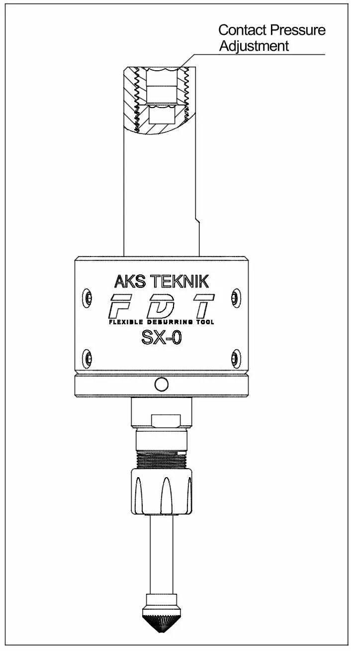 Contact pressure adjustment setscrew on FDT SX0 flexible deburring tool