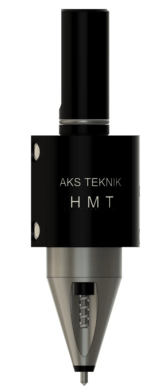 HMT20 coolant-driven marking tool — 3D render showing Ø20 Weldon shank, black anodised body block, and carbide needle tip