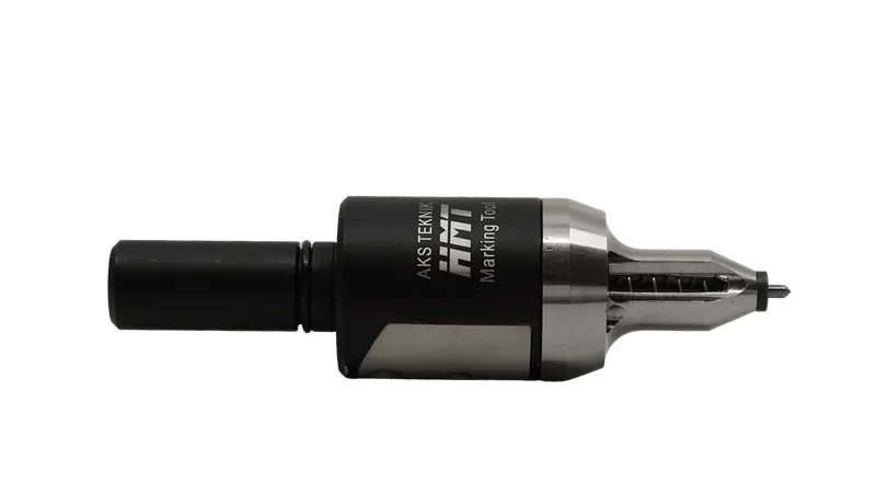 HMT20 coolant-driven marking tool — side view showing Weldon shank, black anodised body, and carbide needle tip
