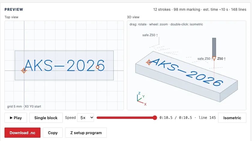 AKS Teknik marking G-code generator — preview and 3D simulation