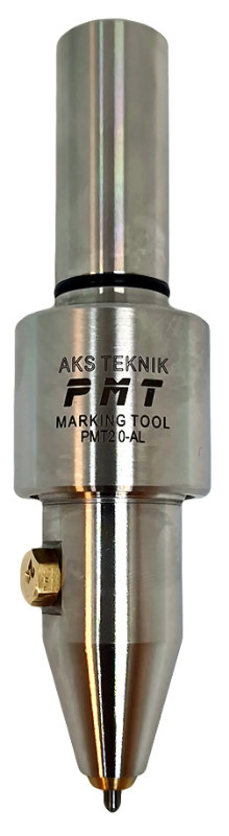PMT20AL pneumatic marking tool — front detail view showing Ø20 Weldon shank and tool body