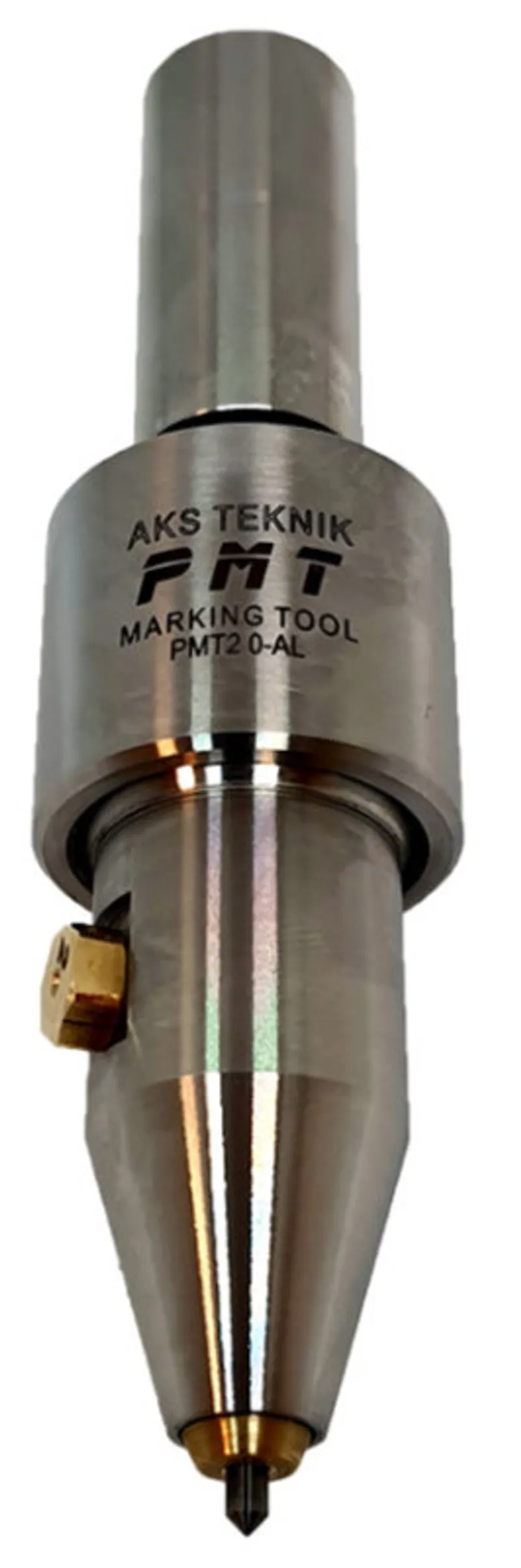 PMT20AL pneumatic dot peen marking tool — front view showing carbide needle tip and gold exhaust screw