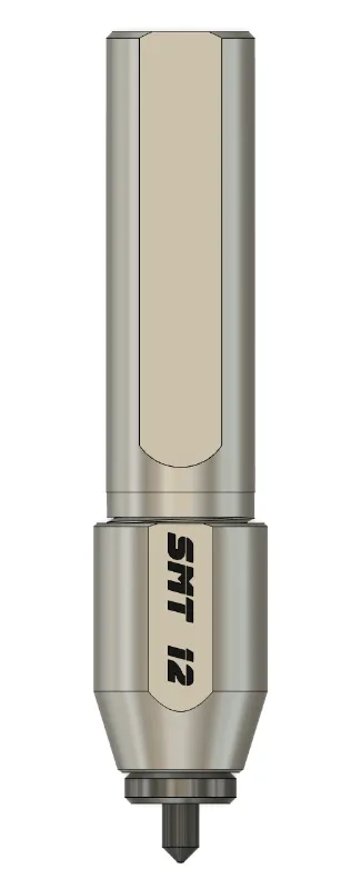 SMT12 compact scratch marking tool — 3D render showing full tool assembly with Ø12 cylindrical shank and carbide needle tip